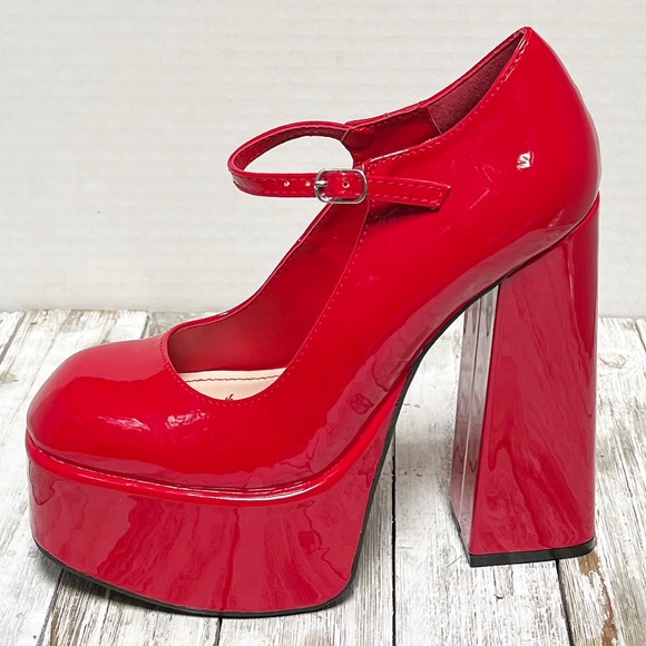 New Red Patent Mary Jane Platform Chunky Heel Pumps - Picture 4 of 5